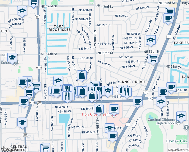 map of restaurants, bars, coffee shops, grocery stores, and more near 5250 Northeast 18th Terrace in Fort Lauderdale