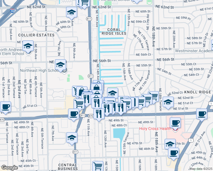 map of restaurants, bars, coffee shops, grocery stores, and more near 1419 Northeast 53rd Street in Fort Lauderdale