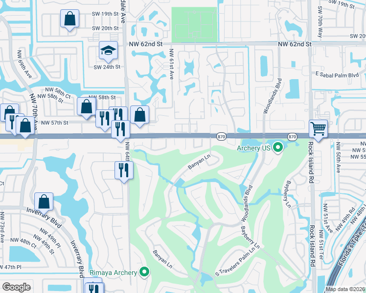 map of restaurants, bars, coffee shops, grocery stores, and more near 5914 Blue Beech Lane in Tamarac
