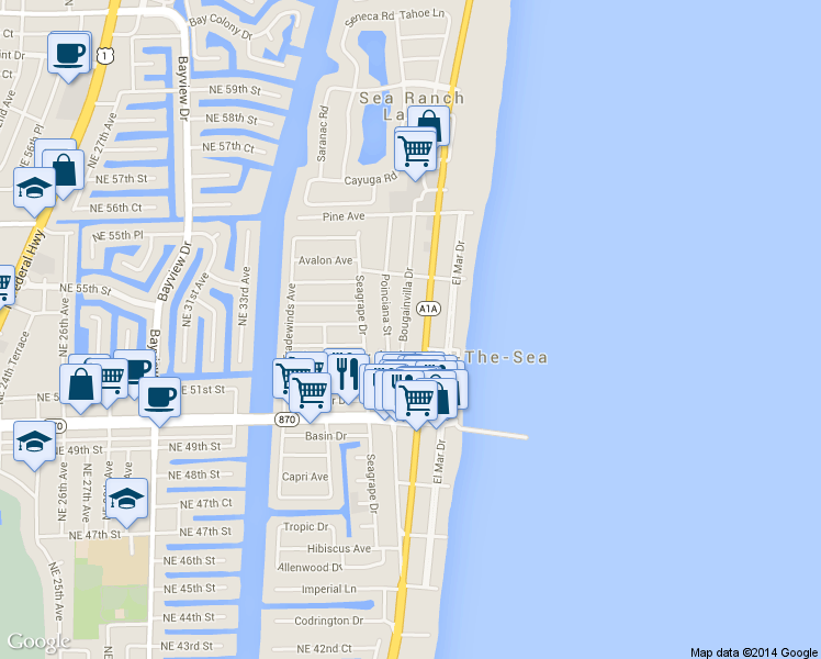 map of restaurants, bars, coffee shops, grocery stores, and more near 4512 Bougainvilla Drive in Lauderdale-by-the-Sea