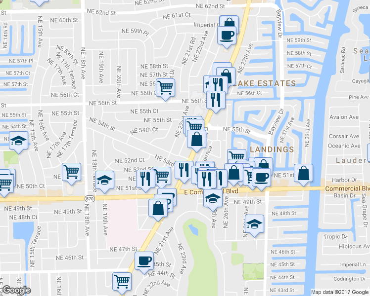 map of restaurants, bars, coffee shops, grocery stores, and more near 5425 U.S. 1 in Fort Lauderdale