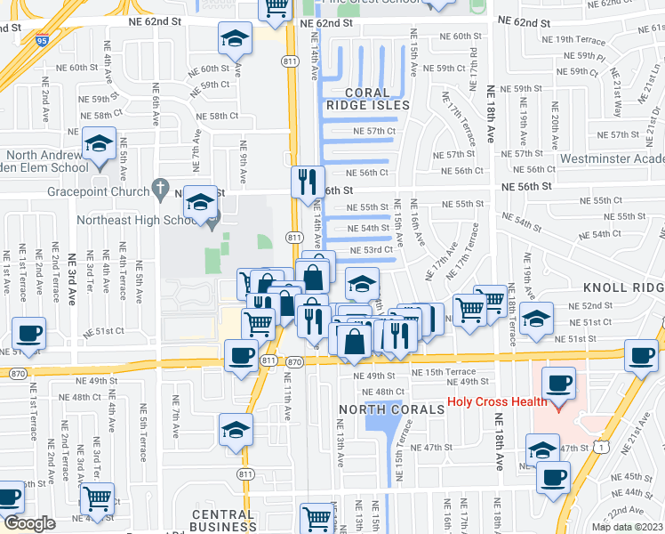 map of restaurants, bars, coffee shops, grocery stores, and more near 1419 Northeast 53rd Street in Fort Lauderdale