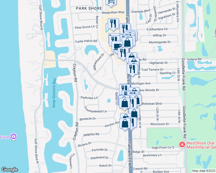 map of restaurants, bars, coffee shops, grocery stores, and more near 767 Park Shore Drive in Naples