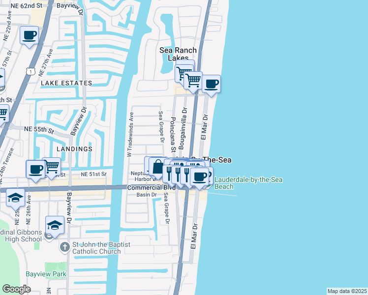 map of restaurants, bars, coffee shops, grocery stores, and more near 4512 Bougainvilla Drive in Lauderdale-by-the-Sea
