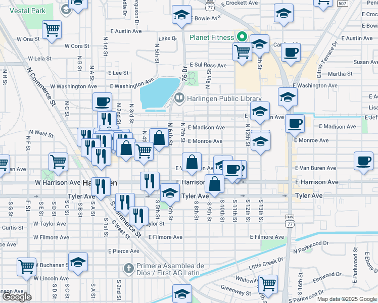 map of restaurants, bars, coffee shops, grocery stores, and more near 100-148 N 7th St in Harlingen