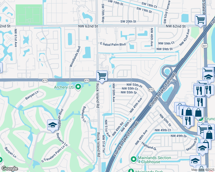 map of restaurants, bars, coffee shops, grocery stores, and more near 5517 Northwest 50th Avenue in Tamarac