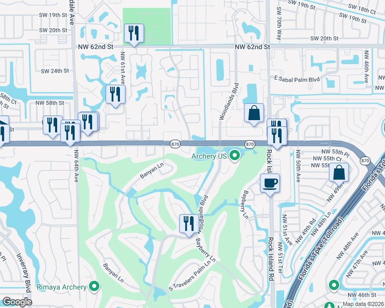map of restaurants, bars, coffee shops, grocery stores, and more near 5704 Guava Drive in Tamarac