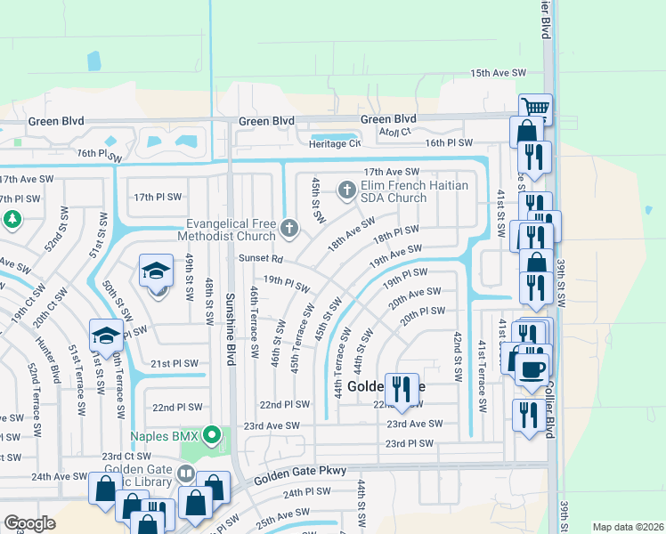 map of restaurants, bars, coffee shops, grocery stores, and more near 4489 18th Place Southwest in Naples