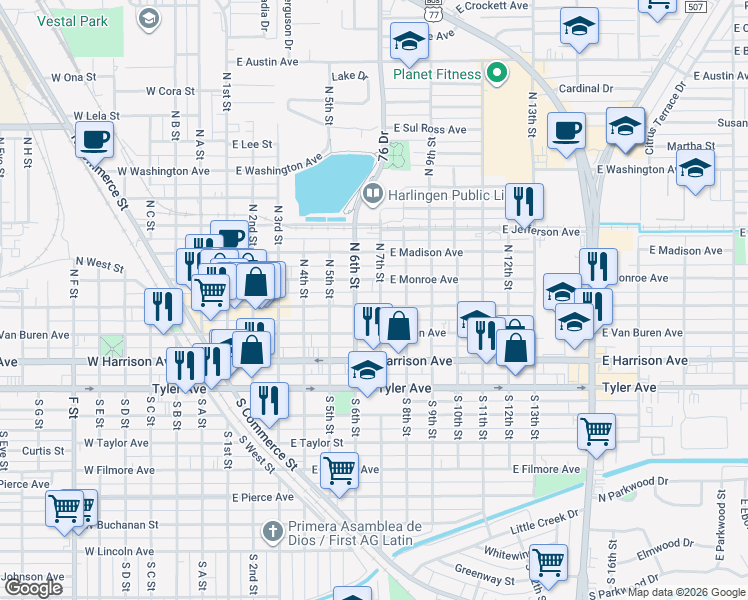 map of restaurants, bars, coffee shops, grocery stores, and more near 100-148 N 7th St in Harlingen