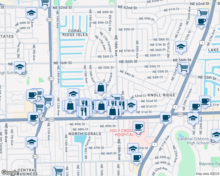 map of restaurants, bars, coffee shops, grocery stores, and more near 1741 Northeast 52nd Street in Oakland Park