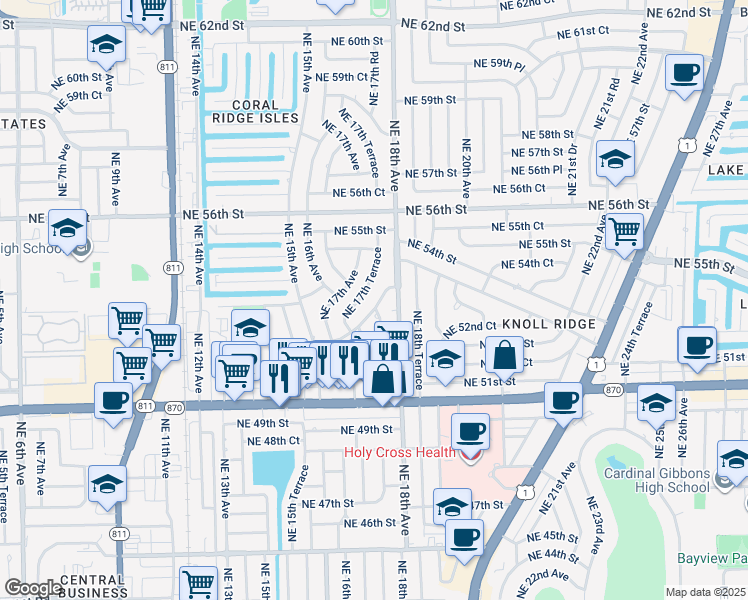 map of restaurants, bars, coffee shops, grocery stores, and more near 1741 Northeast 52nd Street in Oakland Park