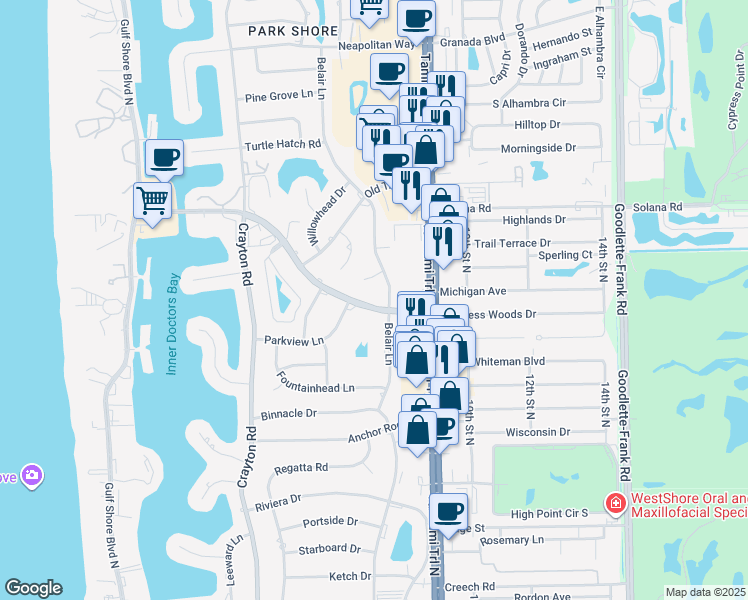 map of restaurants, bars, coffee shops, grocery stores, and more near 767 Park Shore Drive in Naples