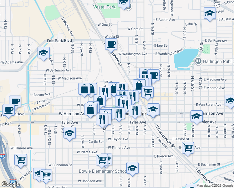 map of restaurants, bars, coffee shops, grocery stores, and more near 100-198 N E St in Harlingen