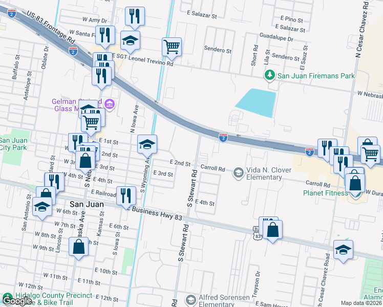 map of restaurants, bars, coffee shops, grocery stores, and more near 126 South Stewart Road in San Juan