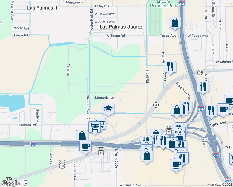 map of restaurants, bars, coffee shops, grocery stores, and more near 105 Park Lane East in Harlingen