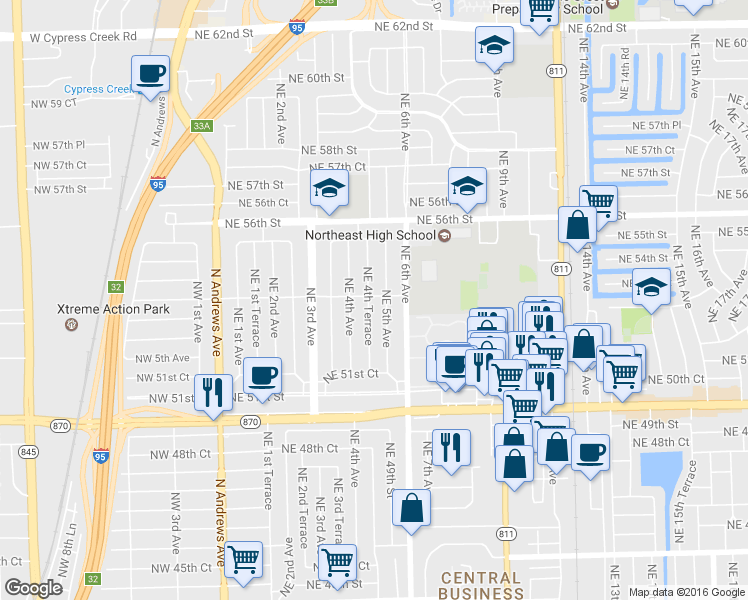 map of restaurants, bars, coffee shops, grocery stores, and more near 5324 Northeast 4th Terrace in Fort Lauderdale