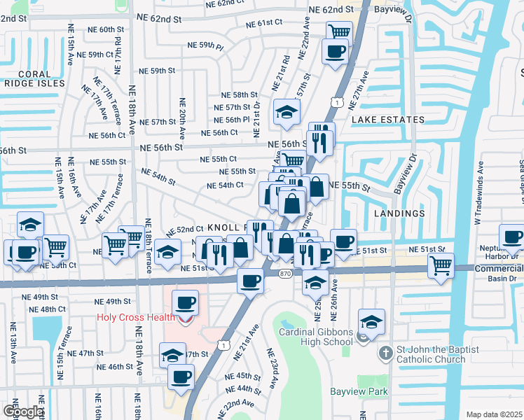 map of restaurants, bars, coffee shops, grocery stores, and more near 5404 Northeast 22nd Avenue in Fort Lauderdale