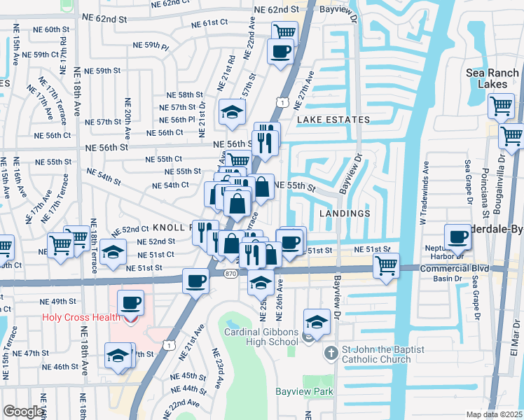 map of restaurants, bars, coffee shops, grocery stores, and more near 5300 Northeast 24th Terrace in Fort Lauderdale