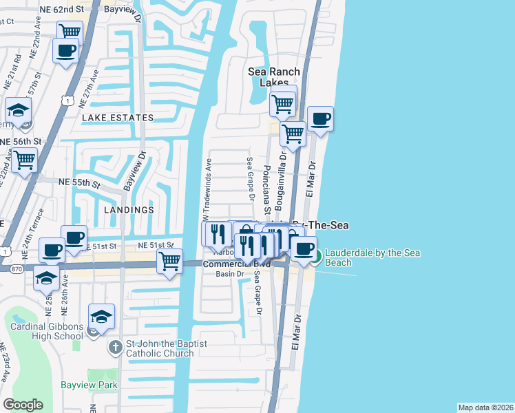 map of restaurants, bars, coffee shops, grocery stores, and more near 4512 Sea Grape Drive in Lauderdale-by-the-Sea