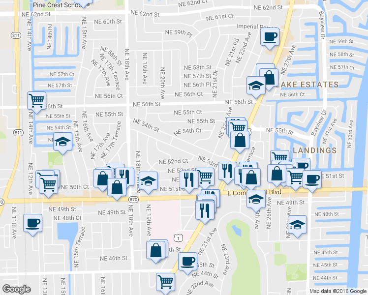 map of restaurants, bars, coffee shops, grocery stores, and more near 2141 Northeast 53rd Street in Fort Lauderdale
