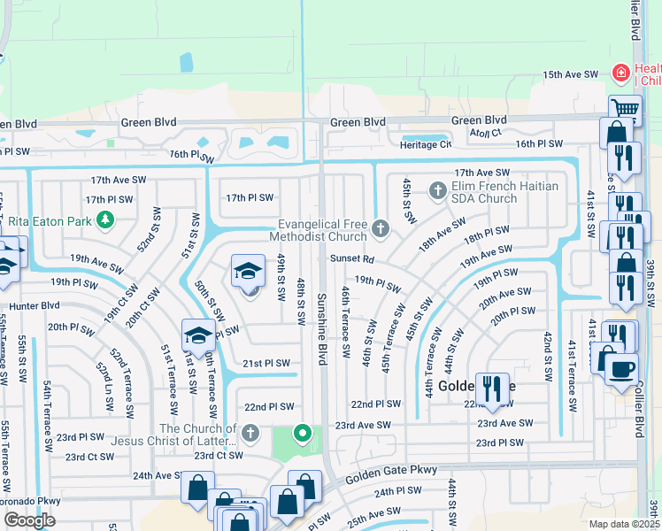 map of restaurants, bars, coffee shops, grocery stores, and more near 1900 Sunshine Boulevard in Naples