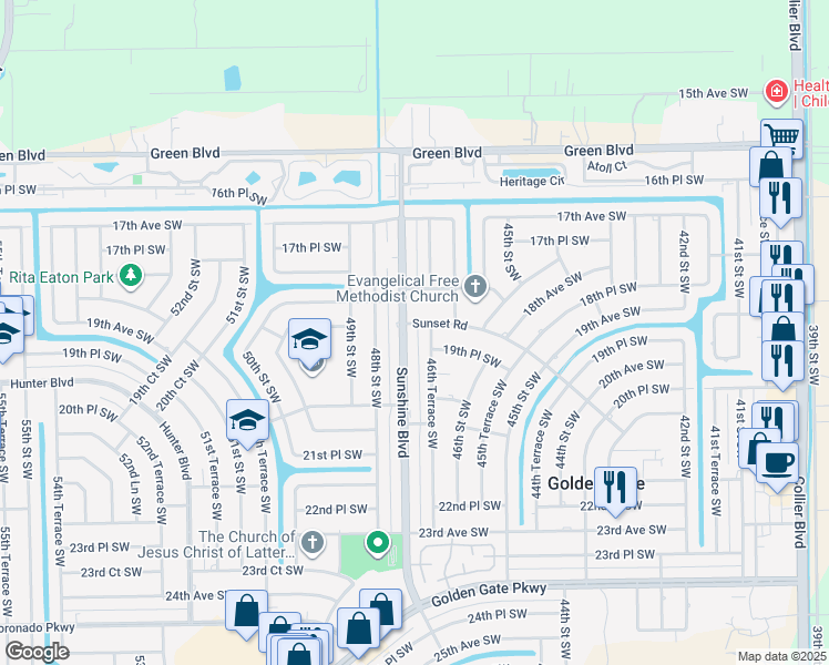 map of restaurants, bars, coffee shops, grocery stores, and more near 1900 Sunshine Boulevard in Naples