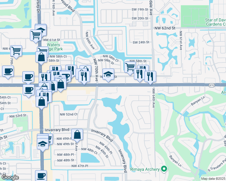 map of restaurants, bars, coffee shops, grocery stores, and more near 6730 West Commercial Boulevard in Lauderhill