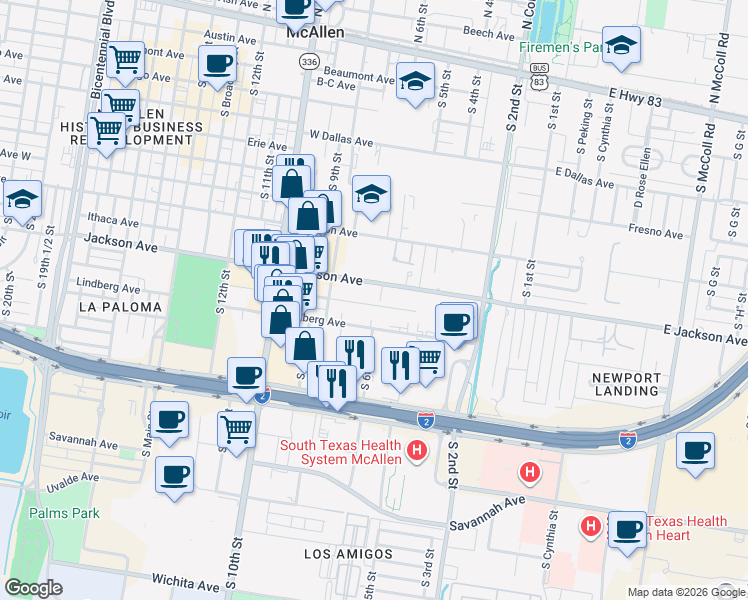 map of restaurants, bars, coffee shops, grocery stores, and more near 600 Kennedy Avenue in McAllen