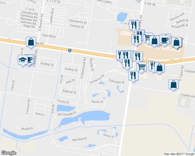 map of restaurants, bars, coffee shops, grocery stores, and more near 818 Cimarron Drive in Mission