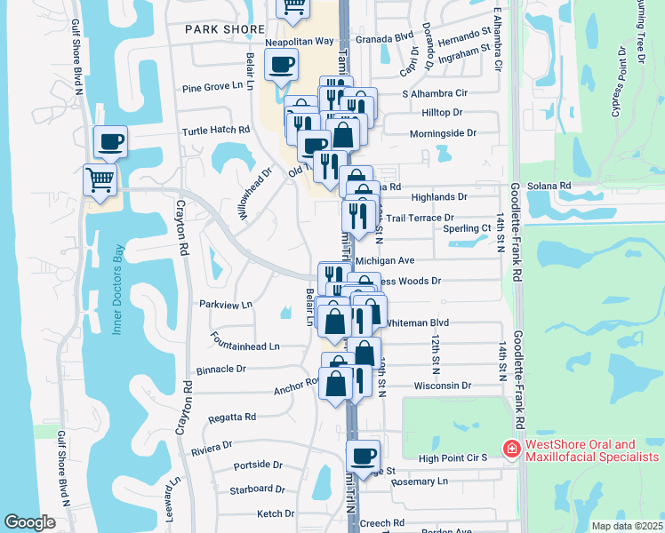 map of restaurants, bars, coffee shops, grocery stores, and more near 4001 Tamiami Trail North in Naples