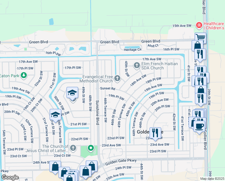 map of restaurants, bars, coffee shops, grocery stores, and more near 4650 Sunset Road in Naples