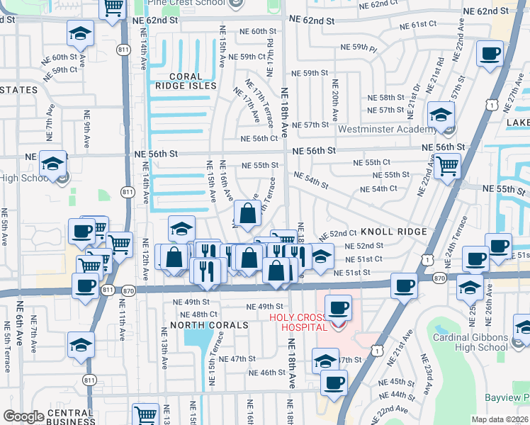 map of restaurants, bars, coffee shops, grocery stores, and more near 1741 Northeast 52nd Street in Oakland Park
