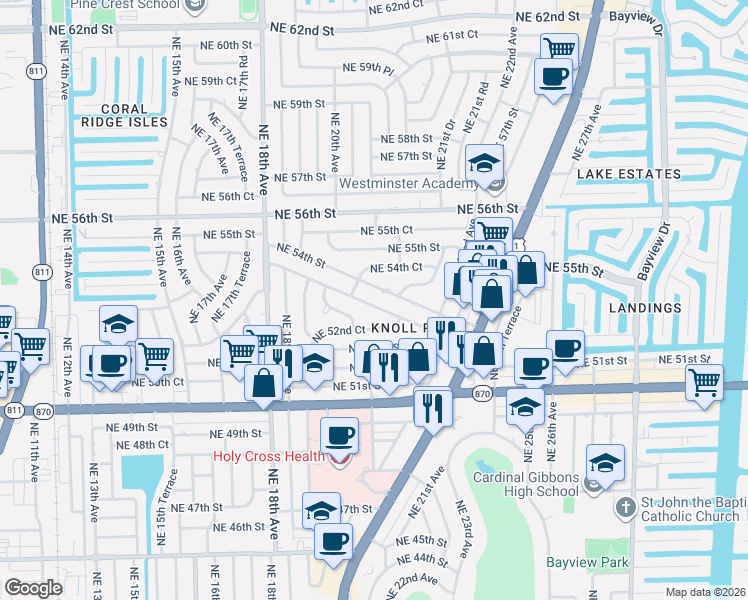 map of restaurants, bars, coffee shops, grocery stores, and more near 2141 Northeast 53rd Street in Fort Lauderdale