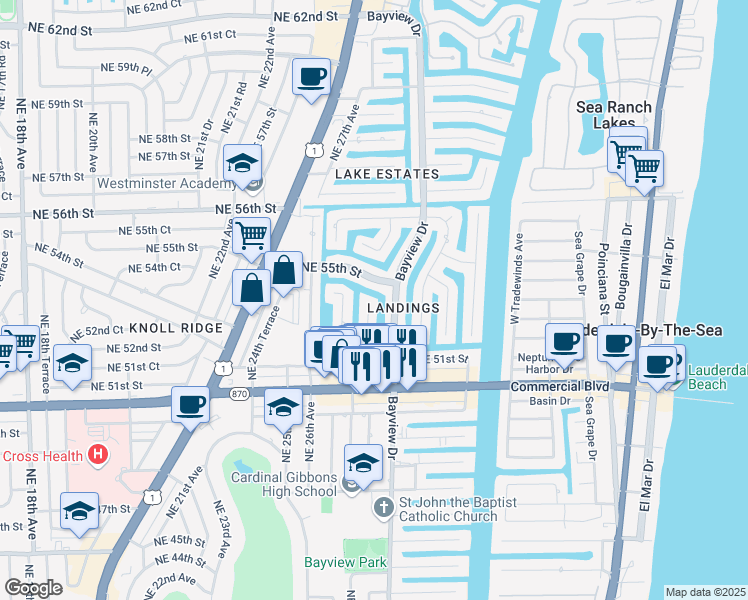 map of restaurants, bars, coffee shops, grocery stores, and more near 5250 Northeast 29th Avenue in Fort Lauderdale