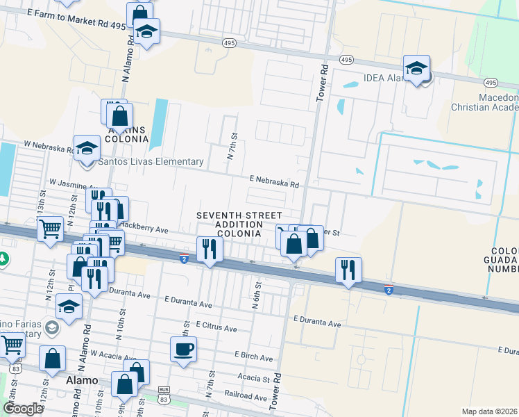 map of restaurants, bars, coffee shops, grocery stores, and more near 521 Shea Drive in Alamo