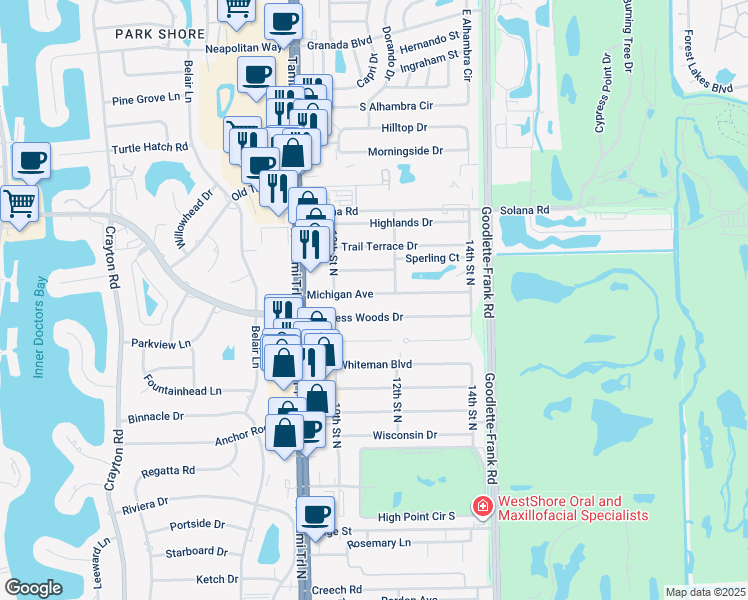 map of restaurants, bars, coffee shops, grocery stores, and more near 1100 Michigan Avenue in Naples