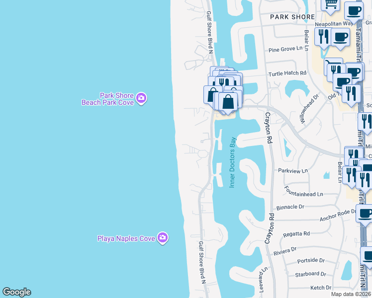 map of restaurants, bars, coffee shops, grocery stores, and more near 4001 Gulf Shore Boulevard North in Naples