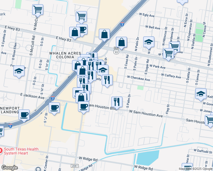 map of restaurants, bars, coffee shops, grocery stores, and more near 1401 South Jackson Road in Pharr