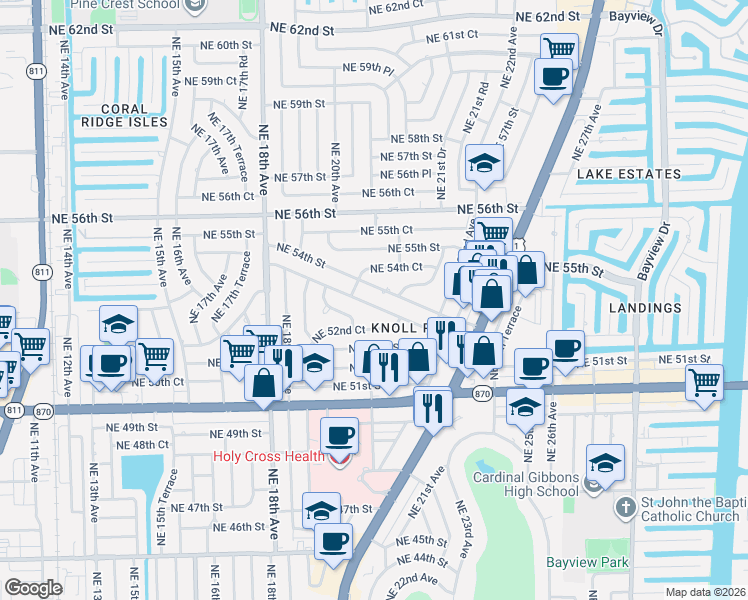 map of restaurants, bars, coffee shops, grocery stores, and more near 2141 Northeast 53rd Street in Fort Lauderdale