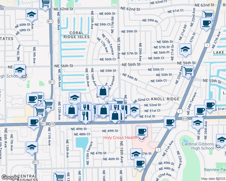 map of restaurants, bars, coffee shops, grocery stores, and more near 1741 Northeast 52nd Street in Oakland Park