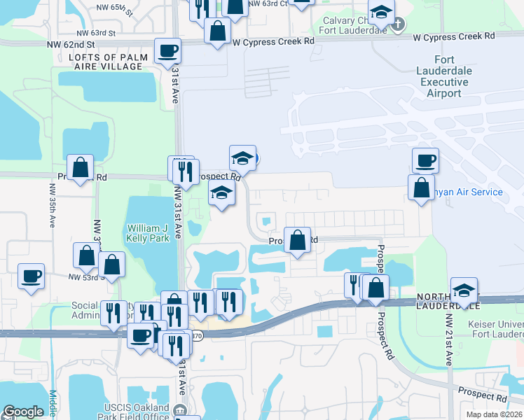 map of restaurants, bars, coffee shops, grocery stores, and more near 2851 Prospect Road in Tamarac