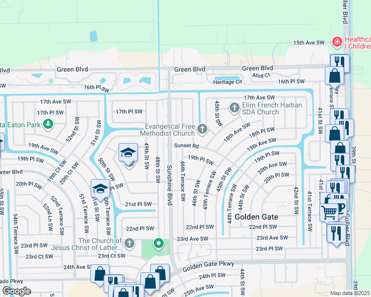 map of restaurants, bars, coffee shops, grocery stores, and more near 4650 Sunset Road in Naples