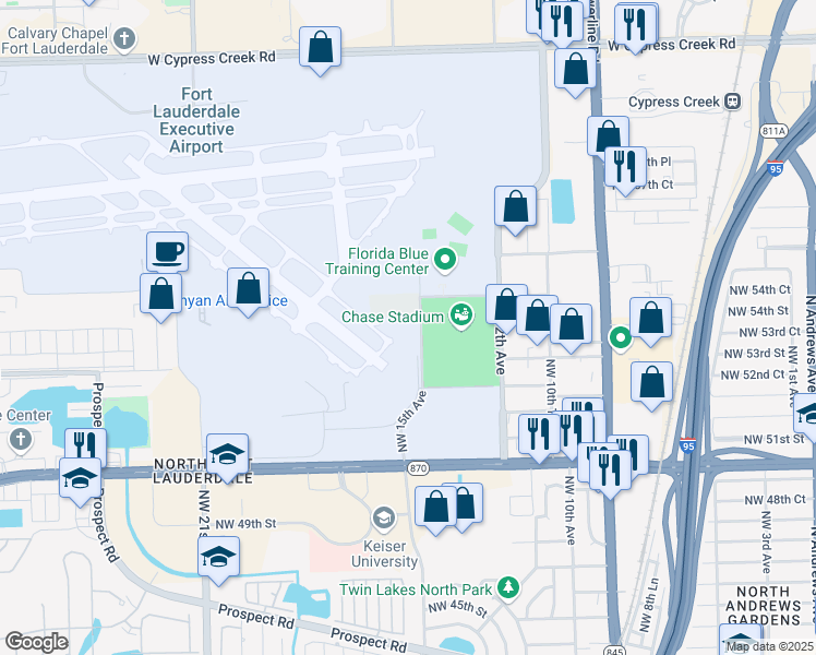 map of restaurants, bars, coffee shops, grocery stores, and more near 5401 East Perimeter Road in Fort Lauderdale