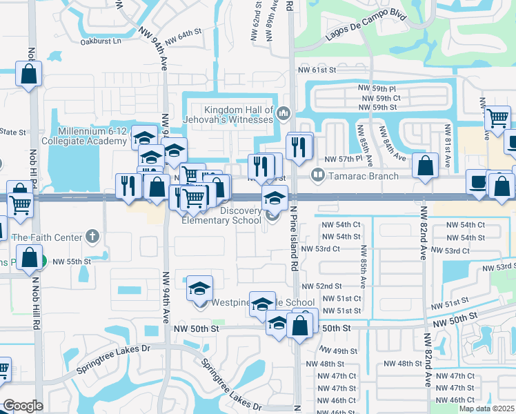 map of restaurants, bars, coffee shops, grocery stores, and more near 9016 Northwest 55th Court in Sunrise