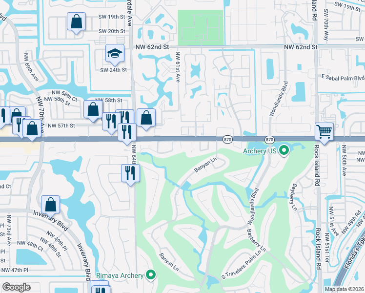 map of restaurants, bars, coffee shops, grocery stores, and more near 5505 Red Oak Circle in Tamarac