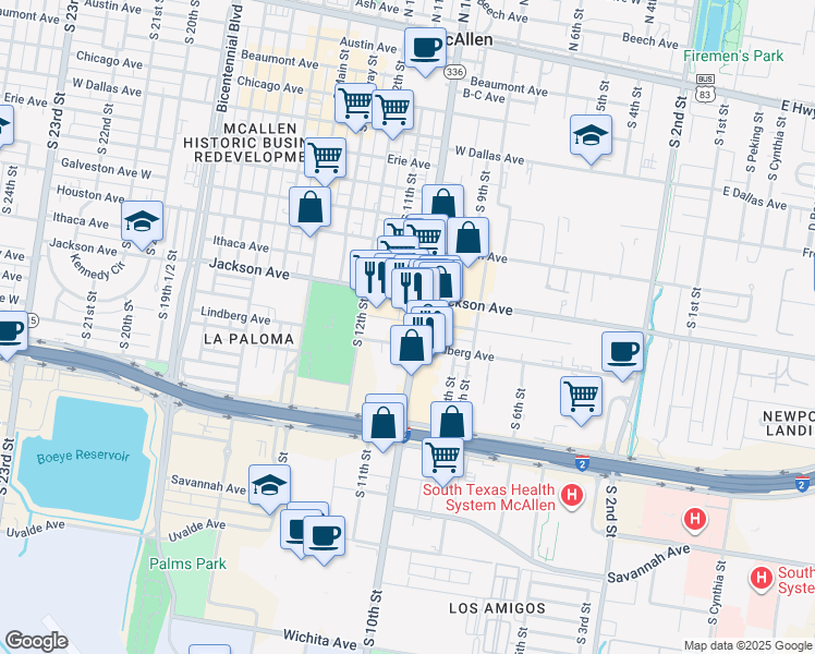 map of restaurants, bars, coffee shops, grocery stores, and more near 1110 South 10th Street in McAllen