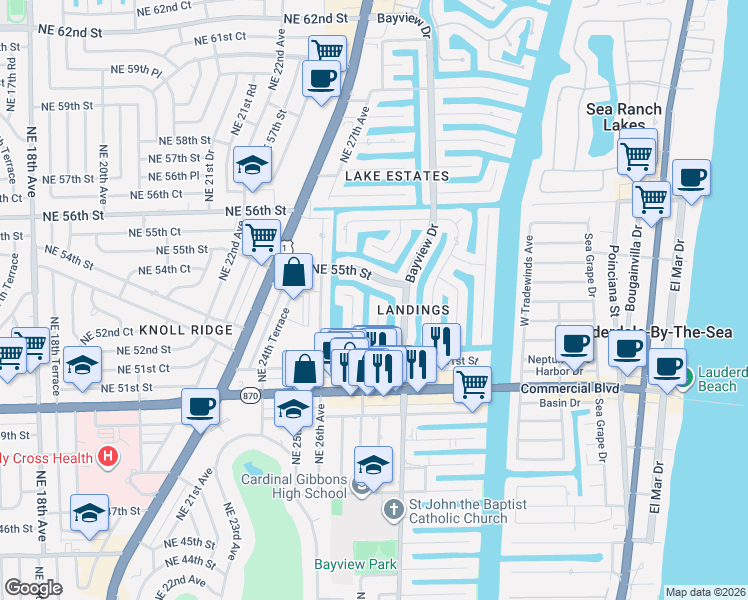 map of restaurants, bars, coffee shops, grocery stores, and more near 5250 Northeast 29th Avenue in Fort Lauderdale