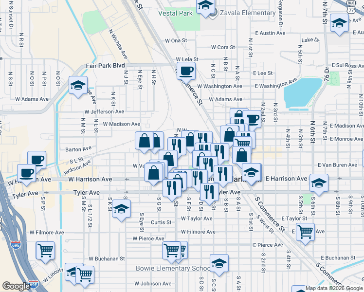 map of restaurants, bars, coffee shops, grocery stores, and more near 100-198 N E St in Harlingen