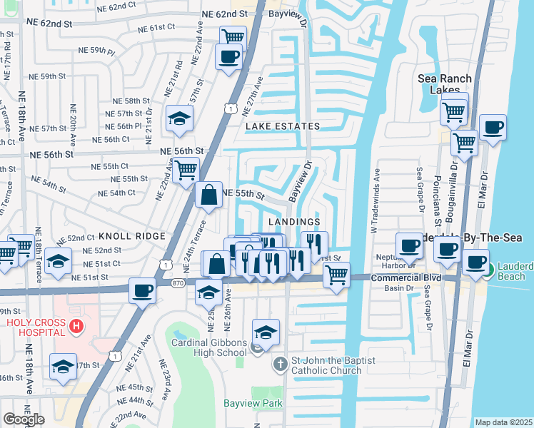 map of restaurants, bars, coffee shops, grocery stores, and more near 5250 Northeast 29th Avenue in Fort Lauderdale