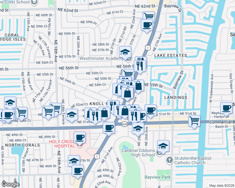 map of restaurants, bars, coffee shops, grocery stores, and more near 5404 Northeast 22nd Avenue in Fort Lauderdale